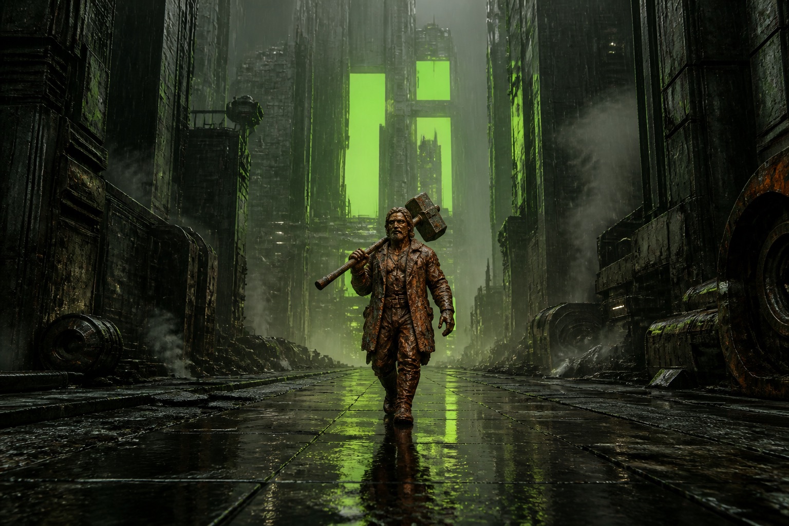 Copper Vlad walking through the iron city