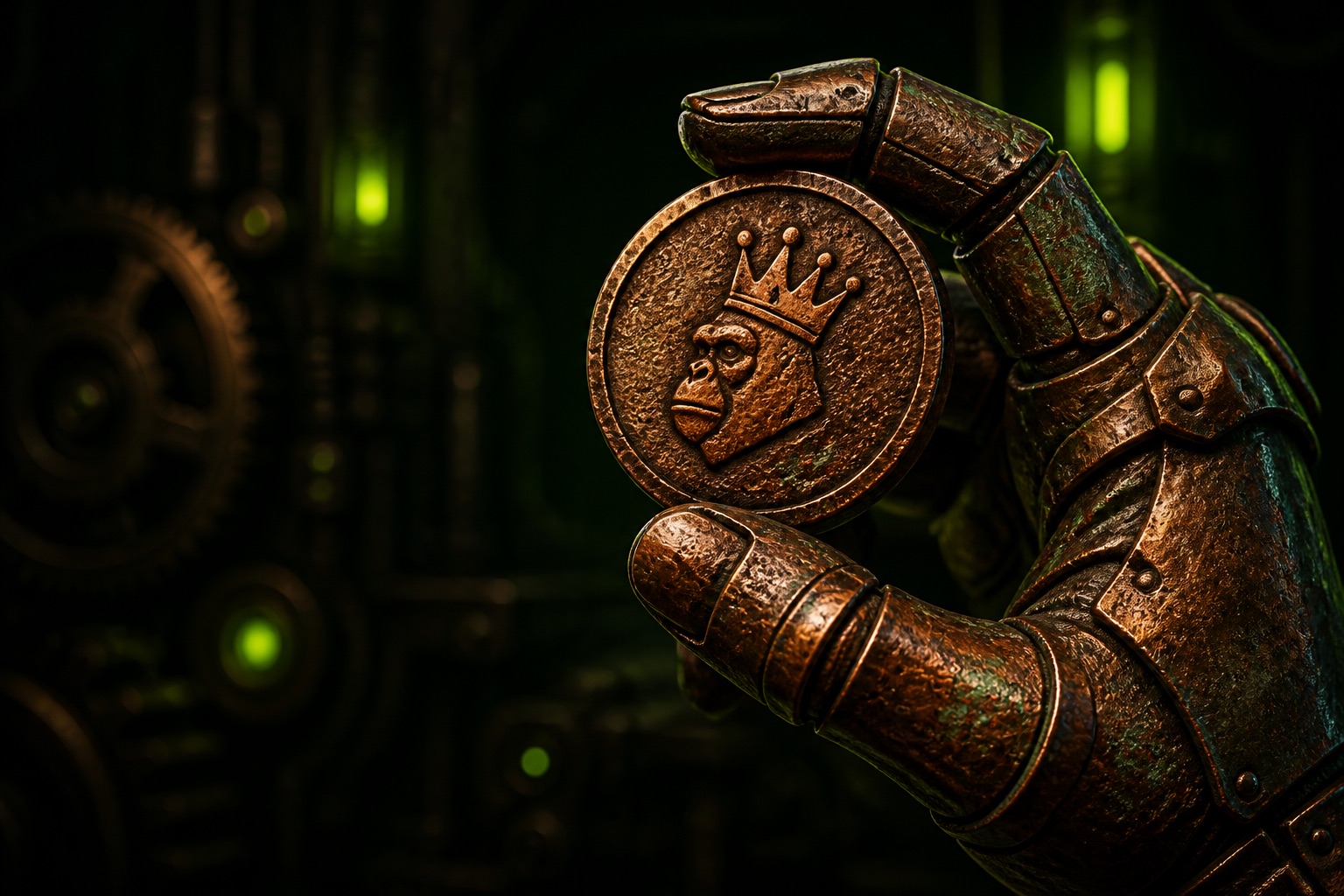 A copper ape coin held in an armored hand