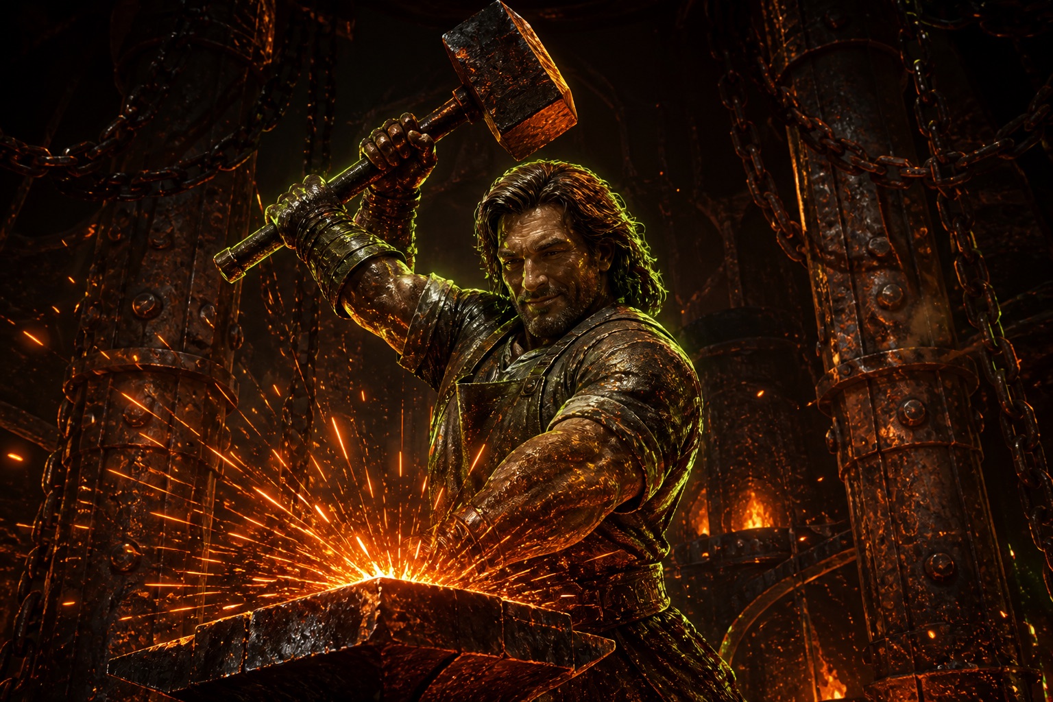 Copper Vlad striking an anvil with a giant hammer
