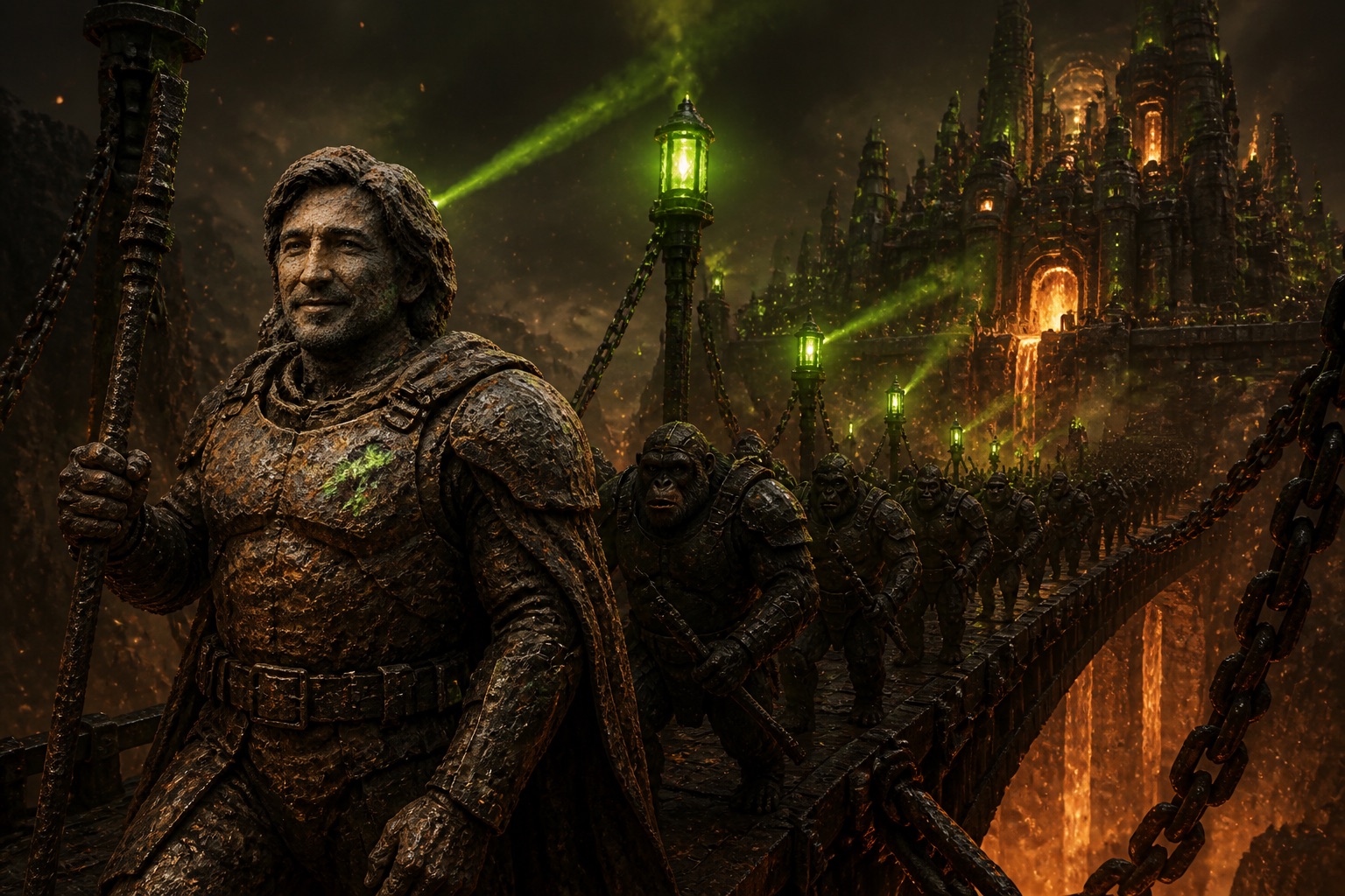 Copper Vlad leading the forged legion across an iron bridge