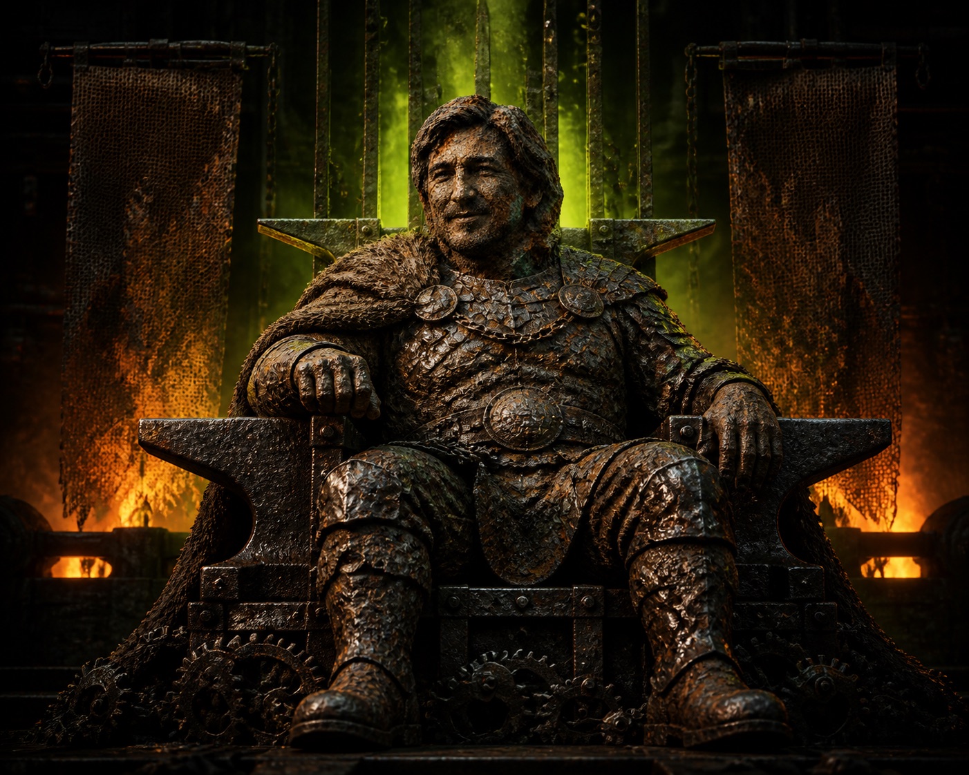 Copper Vlad seated on an anvil throne